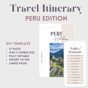 Sjabloon vakantiereis Peru Peru mobiel en iPad. Digitale bewerkbare reisplanner. Canva-reisorganisator. Checklist vakantiegids Peru