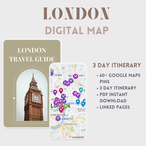 Digitale Karte von London. Reiseverlauf. Reiseplaner. Reisebegleiter. Google Maps Pins. Reiseverlauf. UK 3 Tage Reise. Sofort Download