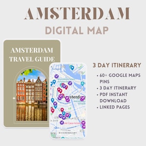Amsterdam Digitale Karte. Reiseverlauf. Reiseplaner. Reisebegleiter. Google Maps Pins. Reiseverlauf. 3 Tage Reise. Sofort Download