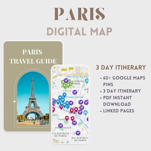 Digitale Karte von Paris. Reiseroute. Reiseplaner. Reiseführer. Google Maps-Pins. Reiseroute. 3 Tage Reiseroute. Sofortiger Download