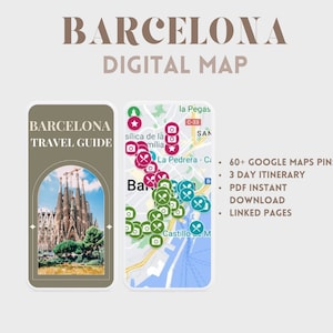 Barcelona Digitale Karte. Reiseverlauf. Reiseplaner. Reisebegleiter. Google Maps Pins. Reiseverlauf. 3 Tage Reise. Sofort Download