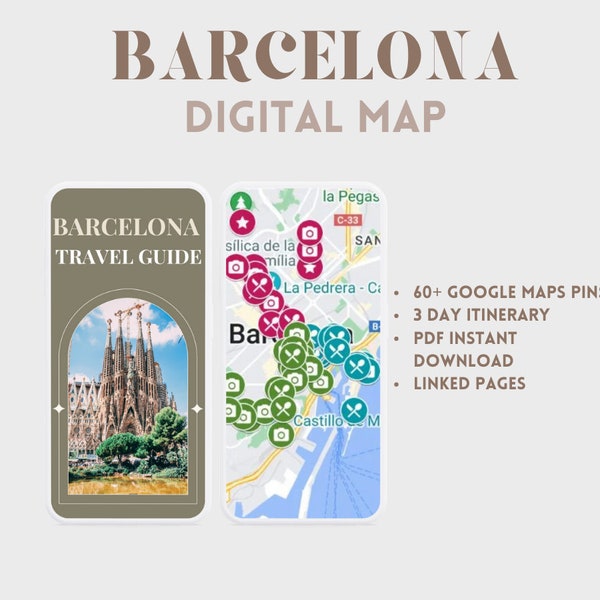 Barcelona Digital Map. Travel Itinerary. Travel Planner. Traveling Guide. Google Maps Pins.  Itinerary. 3 days ltinerary . Instant Download