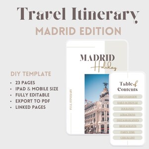 Madrid Urlaub Reiseplan für Mobile & iPad Vorlage. Digital bearbeitbarer Reiseplaner. Canvas Reise-Organizer. Spanien Guide Checkliste