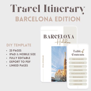 Modelo de itinerário de viagem de férias em Barcelona para celular e iPad. Planejador de viagens digital editável. Organizador de viagens Canva. Guia de lista de verificação de férias