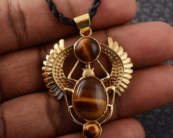 Tiger's Eye Scarab Necklace, Gold Scarab Necklace, Brown Scarab Pendant, Egyptian Beetle Jewelry, Talisman jewellery,Boho Illuminati Pendant