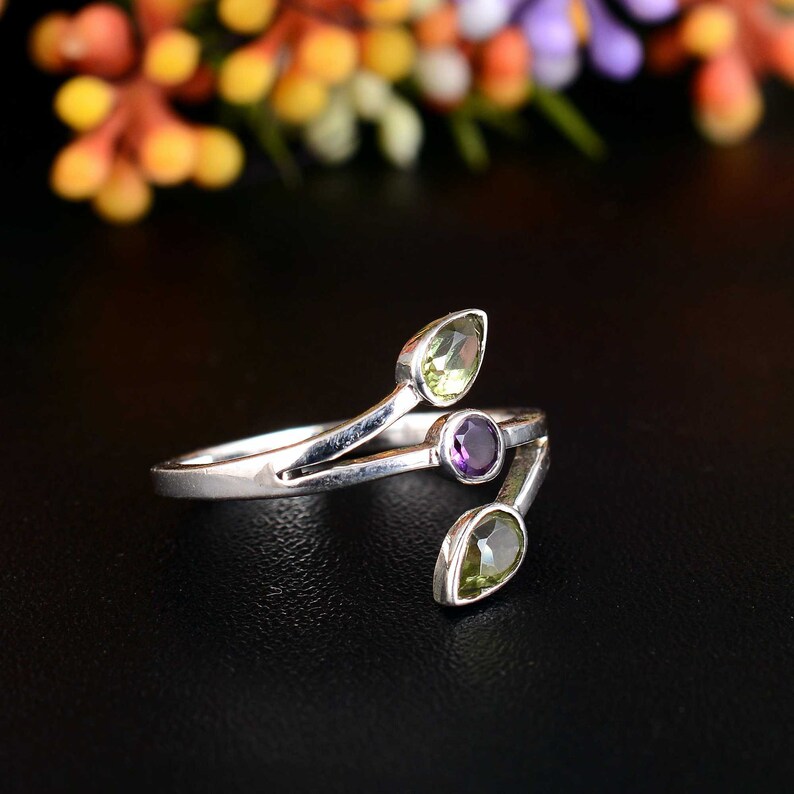 Green Peridot and Amethyst Gemstone Ring, 925 Sterling Silver, Handmade Ring, Engagement Ring, Unique Ring, Gift For Her, Multi Stone ring image 4