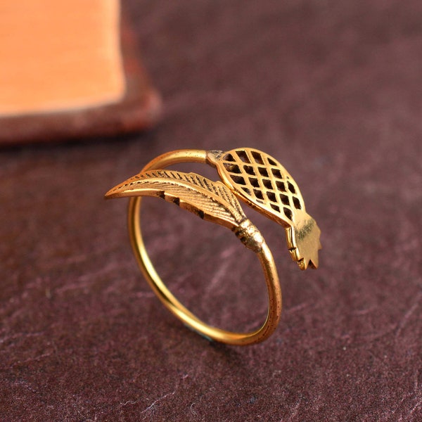 Gold Pineapple feather ring, Feather Adjustable Ring, Fruit Ring, Promise ring, Bohemian Ring, Angel Wings Ring, Minimalist ring,Dainty Ring