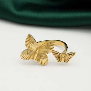 18k Gold Butterfly Ring: Minimalist Adjustable Brass Band,