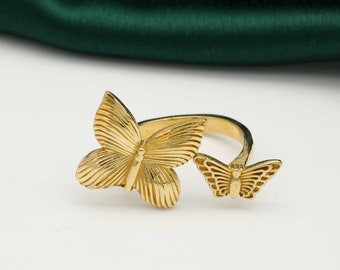 18k Gold Schmetterlingsring, dünner Goldring, zierlicher Schmetterlingsring, minimalistischer verstellbarer offener Ring, wasserdichter Ring, Geschenk für Sie