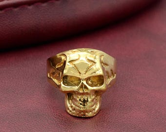 Gold Death Skull Brass Ring, Gothic Skeleton Jewelry