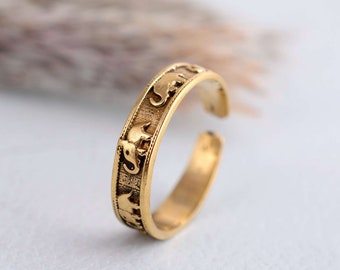 Elephants Handmade Gold Men Band Ring, Gothic Ring, Adjustable Elephants Band Ring, Stacking Animal Ring, Anniversary Ring, Engagement Ring