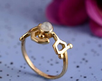 Gold Honeycomb moonstone ring, Gemstone ring, statement ring, handmade ring, Minimalist ring, Vintage ring, gift for her, Engagement Ring,