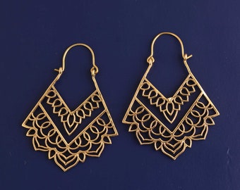 Brass Hoop Earrings, Geometric Earrings, Statement Earrings, Modern Earrings, Unique Design, Triangle Earrings, Gift For Her, Women Jewelry,