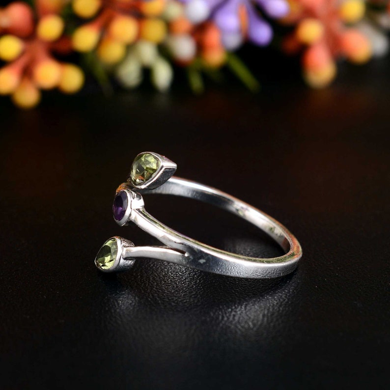 Green Peridot and Amethyst Gemstone Ring, 925 Sterling Silver, Handmade Ring, Engagement Ring, Unique Ring, Gift For Her, Multi Stone ring image 3