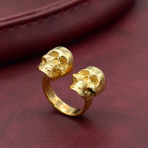 Brass Double Skull Ring: Gothic Punk Jewelry,