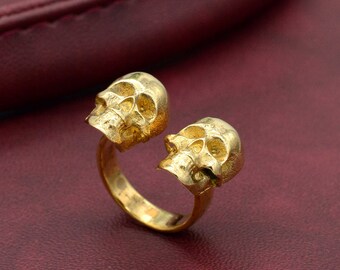 Brass Double Skull Ring: Gothic Punk Jewelry,