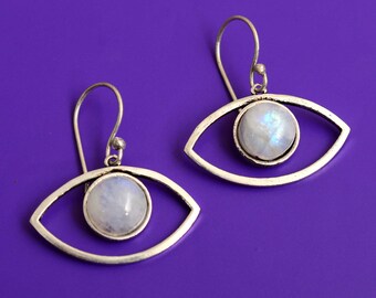 Moonstone Evil Eye Earring, gemstone Earring, Silver Hoop Earring, Handmade Earring, Festival earring, Minimalist Earring, Gift for Women,