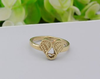 Gold Feather & Heart Ring: Minimalist Angel Wings Design,