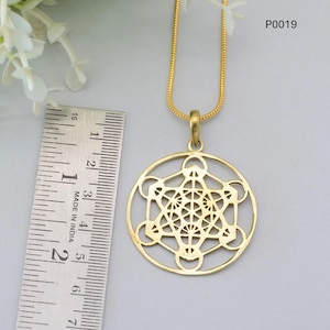 Brass Metatron&#39;s Cube Necklace: Sacred Geometry Flower of Life Pendant,