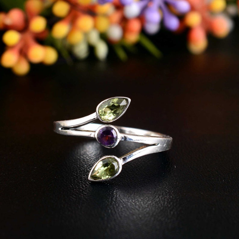 Green Peridot and Amethyst Gemstone Ring, 925 Sterling Silver, Handmade Ring, Engagement Ring, Unique Ring, Gift For Her, Multi Stone ring image 1