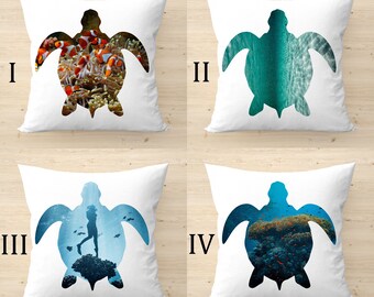 Captivating Ocean-inspired Digital Print Pillow Covers - Sea Turtle Silhouette, Clownfish, Diver and School of Fish Designs