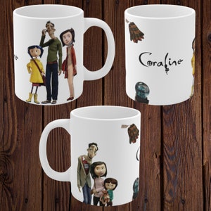 May include: Three white ceramic mugs with different designs featuring characters from the film Coraline. One mug features the main character Coraline and her parents, another mug features the Other Mother and the Other Father, and the third mug features the Other Mother and the Other Father with Coraline and her cat.