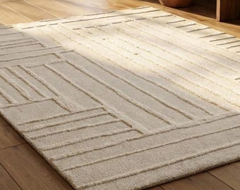Ivoor Marokkaans handgeknoopt hoogpolig vloerkleed - minimalistisch geometrisch getextureerd wollen vloerkleed