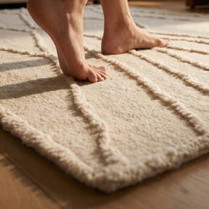 May include: A cream-coloured, rectangular rug with a textured, raised pattern of straight and curved lines. The rug is on a wooden floor, and a person's bare feet are visible, suggesting a soft, comfortable texture. The rug is in a living room setting.
