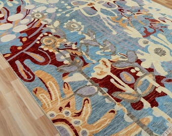8x10 Blue Beige Bedroom Area Rug | Vintage Kids Room Rug | Hand Knotted Rugs | Modern Moroccan Rug for Dining Room | Contemporary Style Rug