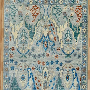 9x12 Hand-Knotted Oushak Rug: Blue & Beige Turkish Wool Carpet