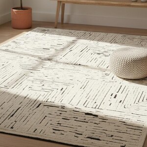 9x12 Modern Abstract Ivory Area Rug- Neutral Geometric Line Design Carpet For Living Room & Kitchen Dining Area