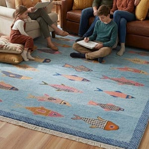 May include: A family gathers in a living room, seated on a brown leather sofa and a light blue rug. The rug features a repeating pattern of colorful fish. A woman reads a book to a young girl, while a boy draws. A cozy, inviting home setting.
