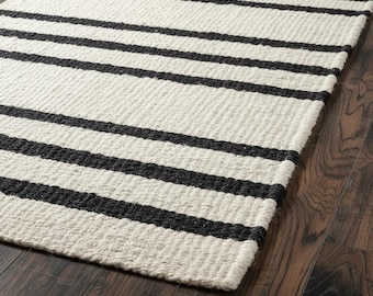 Handmade Hemp And Jute Braided Rug- Modern Farmhouse White And Black Striped Pattern Rug
