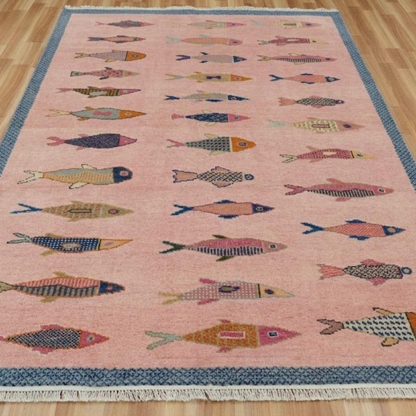 8x10 Soft Pink Koi Fish Wool Area Rug – Vintage Inspired Plush Carpet for Bedroom & Living Room Decor