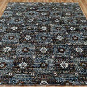 9x12 Hand-Knotted Wool Oushak Rug: Blue Bohemian Turkish Carpet