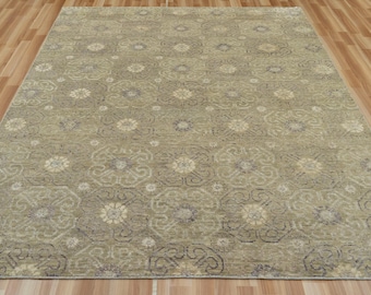 23x30 Wollteppich in Grün: Vintage Style Teppich mit Blumenmuster