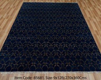 23x30 Blau Brauner Moderner Teppich | Handgefertigter Orientalischer Wollteppich | Zeitgenössische Blumenmuster Teppich für Wohnzimmer, Schlafzimmer, Esszimmer Dekor