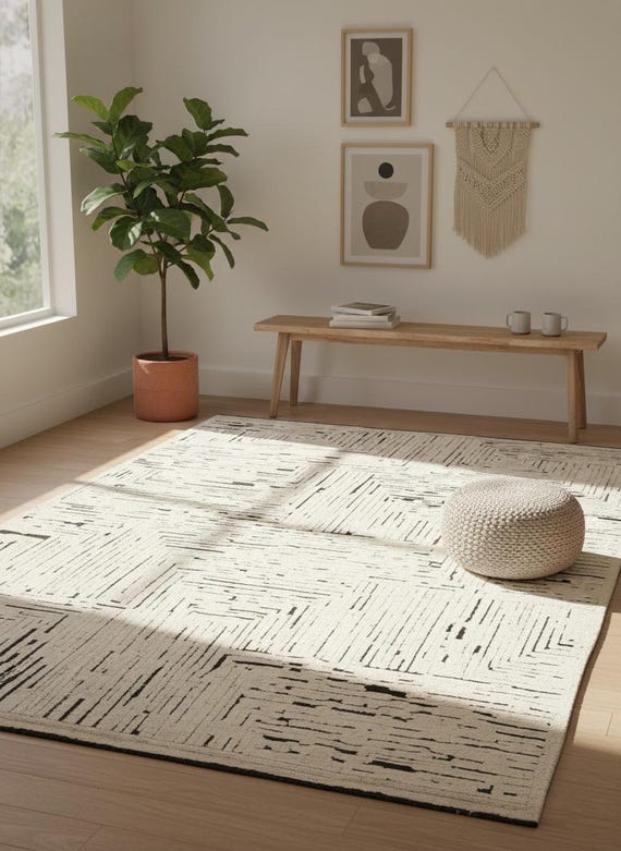 9x12 Modern Abstract Ivory Area Rug- Neutral Geometric Line Design Carpet For Living Room & Kitchen Dining Area