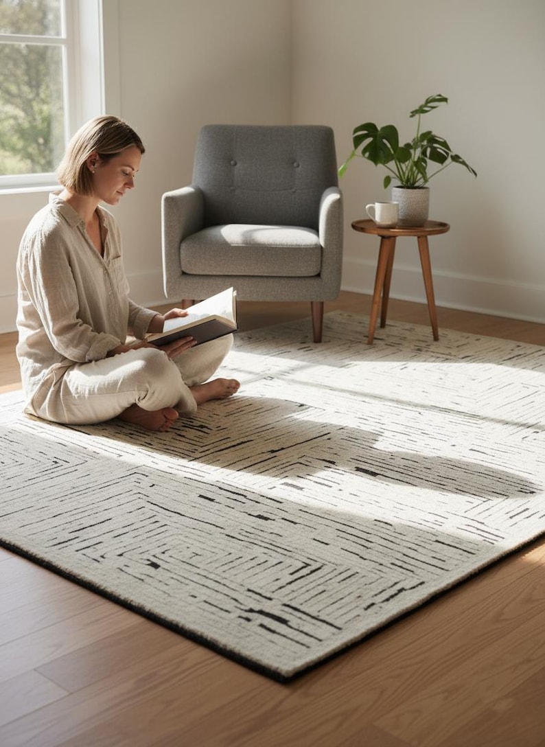 May include: A cream-colored rug with a geometric black line design. The rug is rectangular and has a black border. The rug is placed on a hardwood floor in a well-lit room. A person is sitting on the rug reading a book.