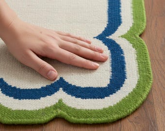 8x10 Swedish Flatweave Kilim Rug – White Blue Moss Green Scandinavian Nordic Wool Carpet