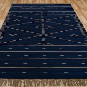 Swedish Handwoven Scandinavian Rugs | Moroccan Area Nordic Flatweave Wool Rugs | Blue Vintage Rugs For Bedroom |  Modern Contemporary Runner