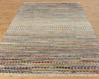 Colorful Handwoven Wool Rug | Modern Boho Area Carpet | Neutral Striped Kilim Rug | Handmade Wool Flatweave Floor Decor | Living Room Rug |