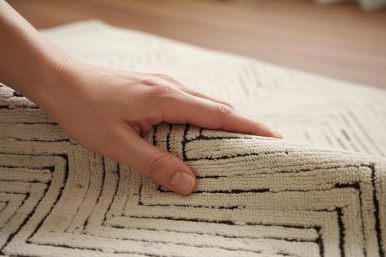 May include: Cream-colored rug with a geometric black pattern. The rug's texture is visible, and the design features angular lines. The rug is being held up, revealing its underside. The rug appears to be made of a soft material.