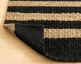 Handmade Jute & Hemp Striped Mat: High-Quality Braided Natural Fiber Textured Flatweave Rug