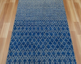 Large Blue Handmade Wool Area Rug | Blue Geometric Flatweave Carpet | Modern Scandinavian Runner | Boho Living Room & Bedroom Decor Rug |