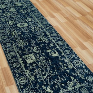 2.6x12 Turkish Runner Rug | Navy Persian Wool Silk Floral Runner | Stairs Runner Rug | Hallway Runner | High Quality Hand Knotted Runner Rug