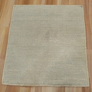 May include: A square, light beige rug featuring a dense, uniform woven texture. The rug has a consistent grid-like pattern across its entire surface, with clean, straight edges and a neutral color tone that provides a simple, flat appearance.