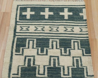 Handwoven Moss Green Kilim Wool Rug | Tribal Geometric Design, Fringe