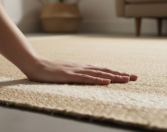 Natural Hemp & Jute Braided Rug | Handwoven Gold Farmhouse Area Carpet | White Border Custom Handmade Jute Rug | Natural Fiber Jute Carpet