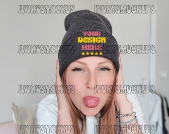 dark gray knit beanie mockup, accessories mockup , beanie mockup, hat mockup, cap mockup, winter mockup, christmas mockup, model mockup,